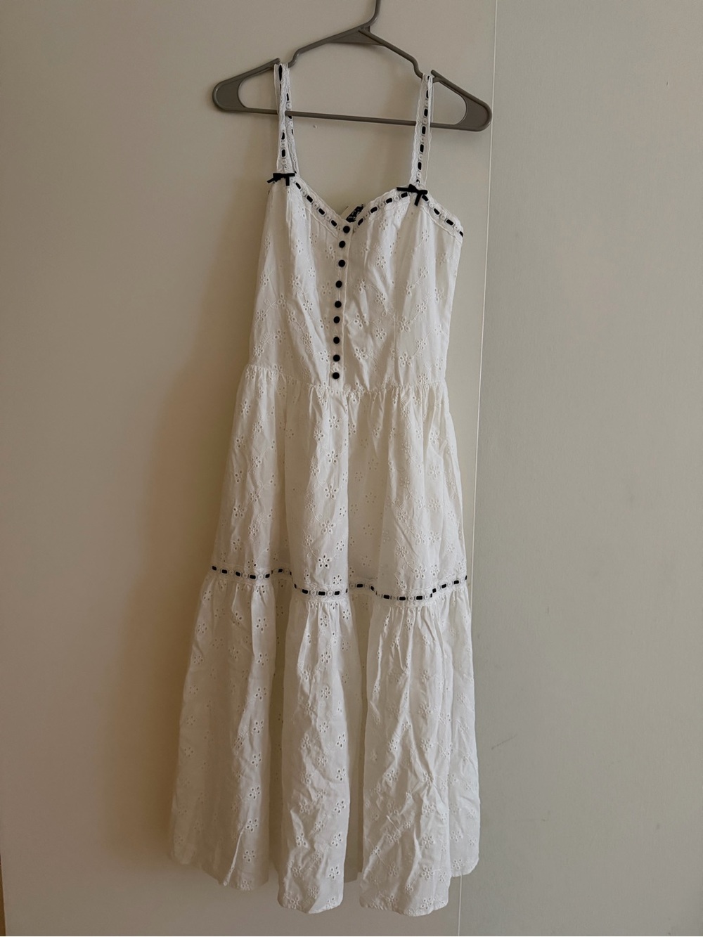 Frankie’s Bikinis White Eyelet Tiered Maxi Dress with Contrast Trim